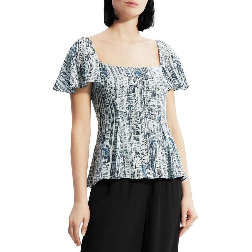 Theory Womens Blue Silk Square Neck Top Blouse Shirt